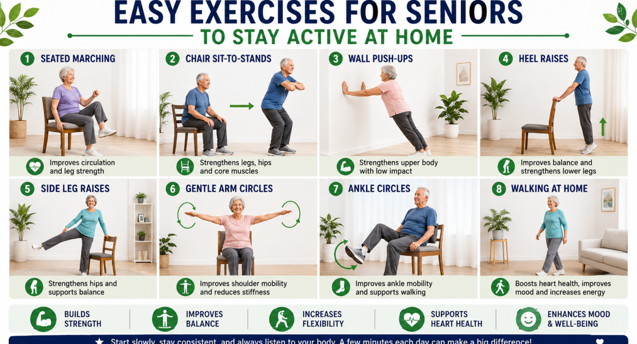 Easy exercises for seniors at home with seated marching, chair sit-to-stands, wall push-ups, heel raises, and walking routine.