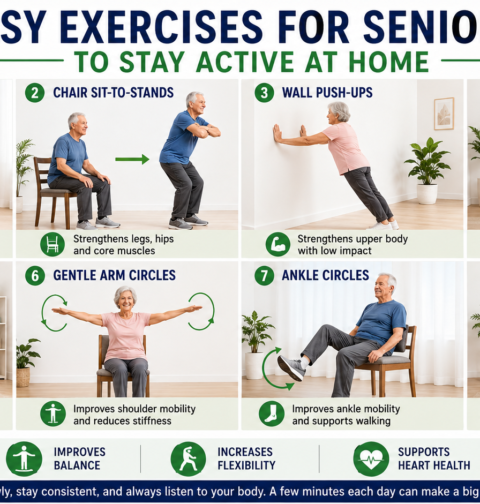 Easy exercises for seniors at home with seated marching, chair sit-to-stands, wall push-ups, heel raises, and walking routine.