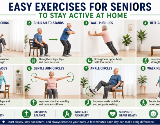 Easy exercises for seniors at home with seated marching, chair sit-to-stands, wall push-ups, heel raises, and walking routine.