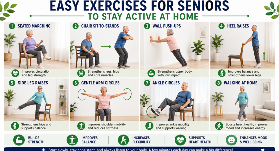 Easy exercises for seniors at home with seated marching, chair sit-to-stands, wall push-ups, heel raises, and walking routine.