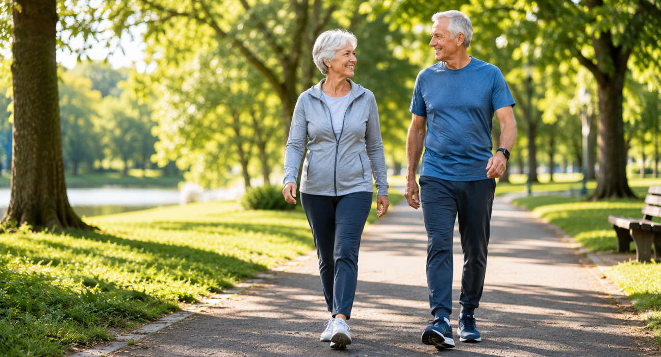 Walking benefits for seniors with older adults walking outdoors for fitness, mobility, and healthy aging