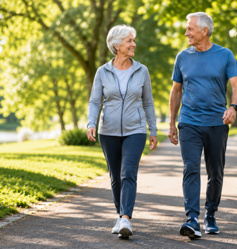 Walking benefits for seniors with older adults walking outdoors for fitness, mobility, and healthy aging