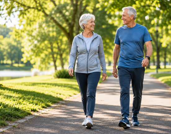 Walking benefits for seniors with older adults walking outdoors for fitness, mobility, and healthy aging