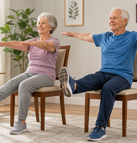 Chair exercises for seniors doing seated movements for strength, flexibility, and limited mobility