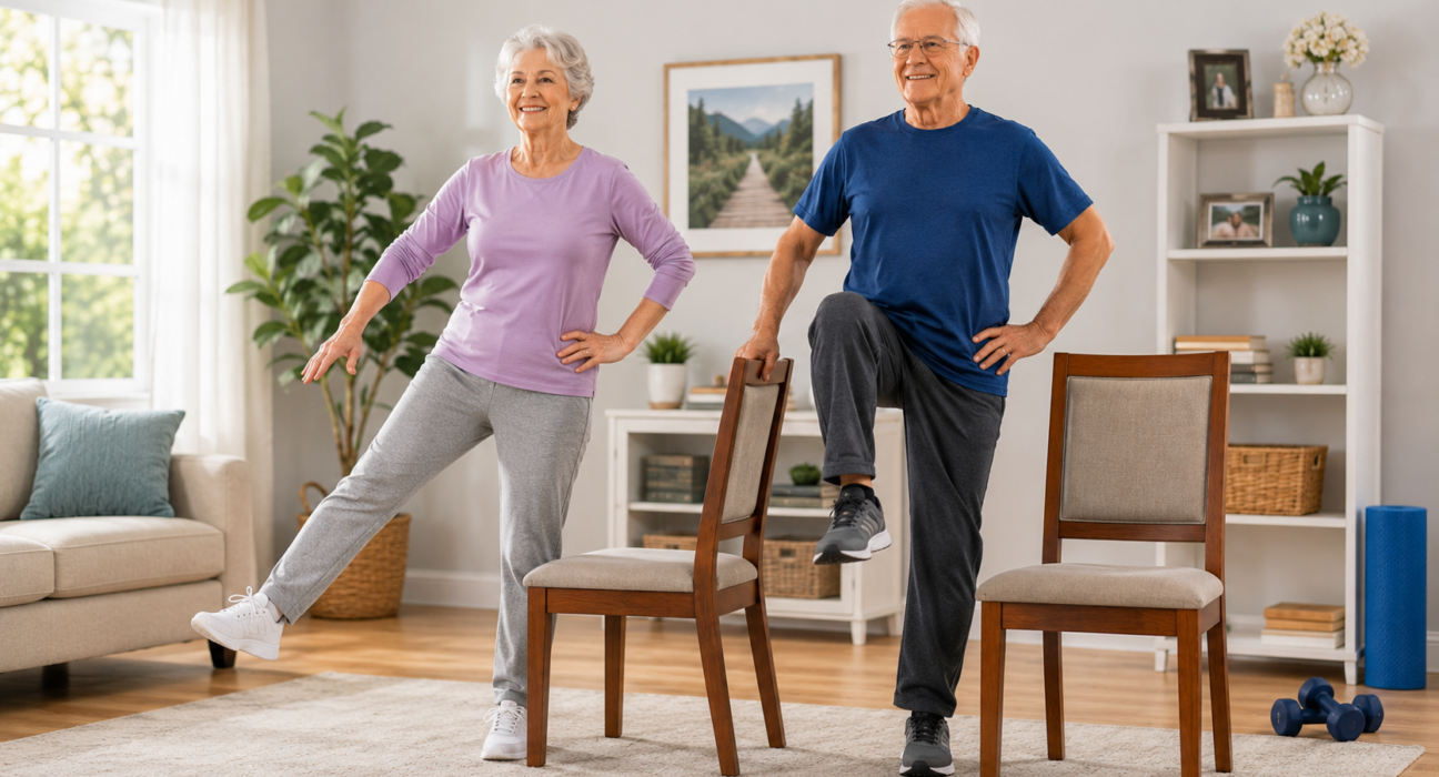 Balance exercises for seniors using chair support at home for stability, mobility, and fall prevention.