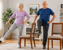 Balance exercises for seniors using chair support at home for stability, mobility, and fall prevention.