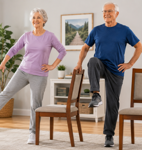 Balance exercises for seniors using chair support at home for stability, mobility, and fall prevention.
