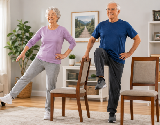 Balance exercises for seniors using chair support at home for stability, mobility, and fall prevention.