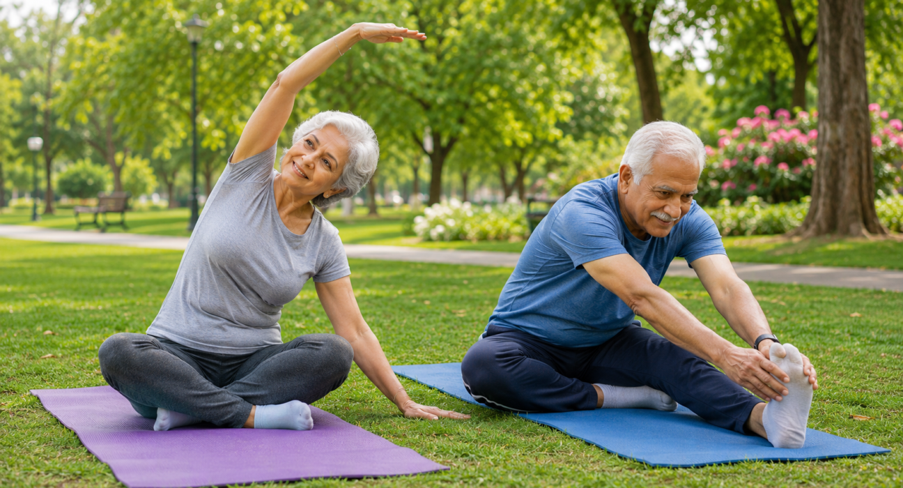 Stretching exercises for seniors on yoga mats in a park to improve flexibility, mobility, and healthy aging.