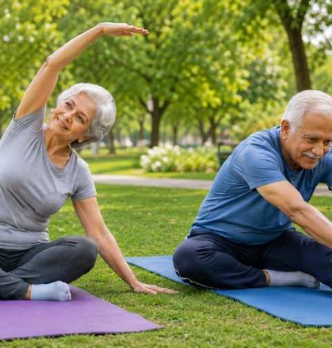 Stretching exercises for seniors on yoga mats in a park to improve flexibility, mobility, and healthy aging.