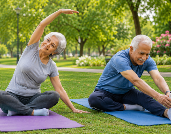 Stretching exercises for seniors on yoga mats in a park to improve flexibility, mobility, and healthy aging.