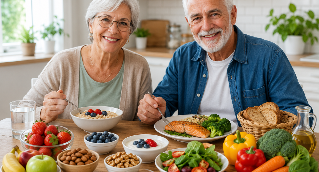 Best foods for seniors including oatmeal, fruit, salmon, vegetables, nuts, and whole grains for energy and healthy aging.