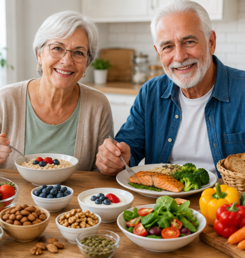 Best foods for seniors including oatmeal, fruit, salmon, vegetables, nuts, and whole grains for energy and healthy aging.