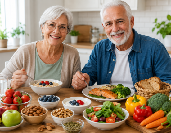Best foods for seniors including oatmeal, fruit, salmon, vegetables, nuts, and whole grains for energy and healthy aging.