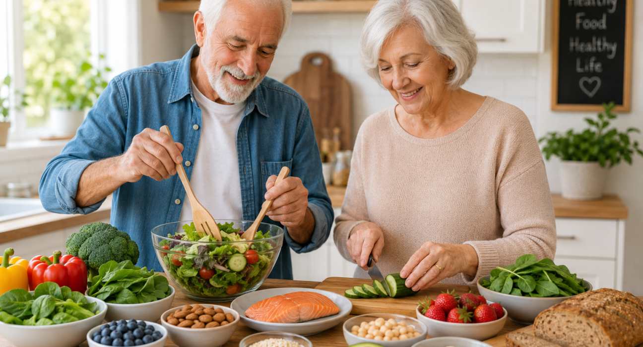 Senior nutrition guide with older adults preparing a balanced meal using vegetables, fruits, whole grains, and lean protein.