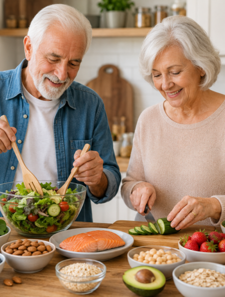 Senior nutrition guide with older adults preparing a balanced meal using vegetables, fruits, whole grains, and lean protein.