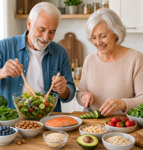Senior nutrition guide with older adults preparing a balanced meal using vegetables, fruits, whole grains, and lean protein.