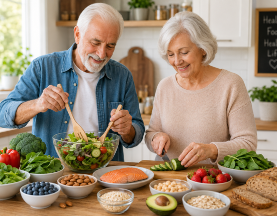 Senior nutrition guide with older adults preparing a balanced meal using vegetables, fruits, whole grains, and lean protein.
