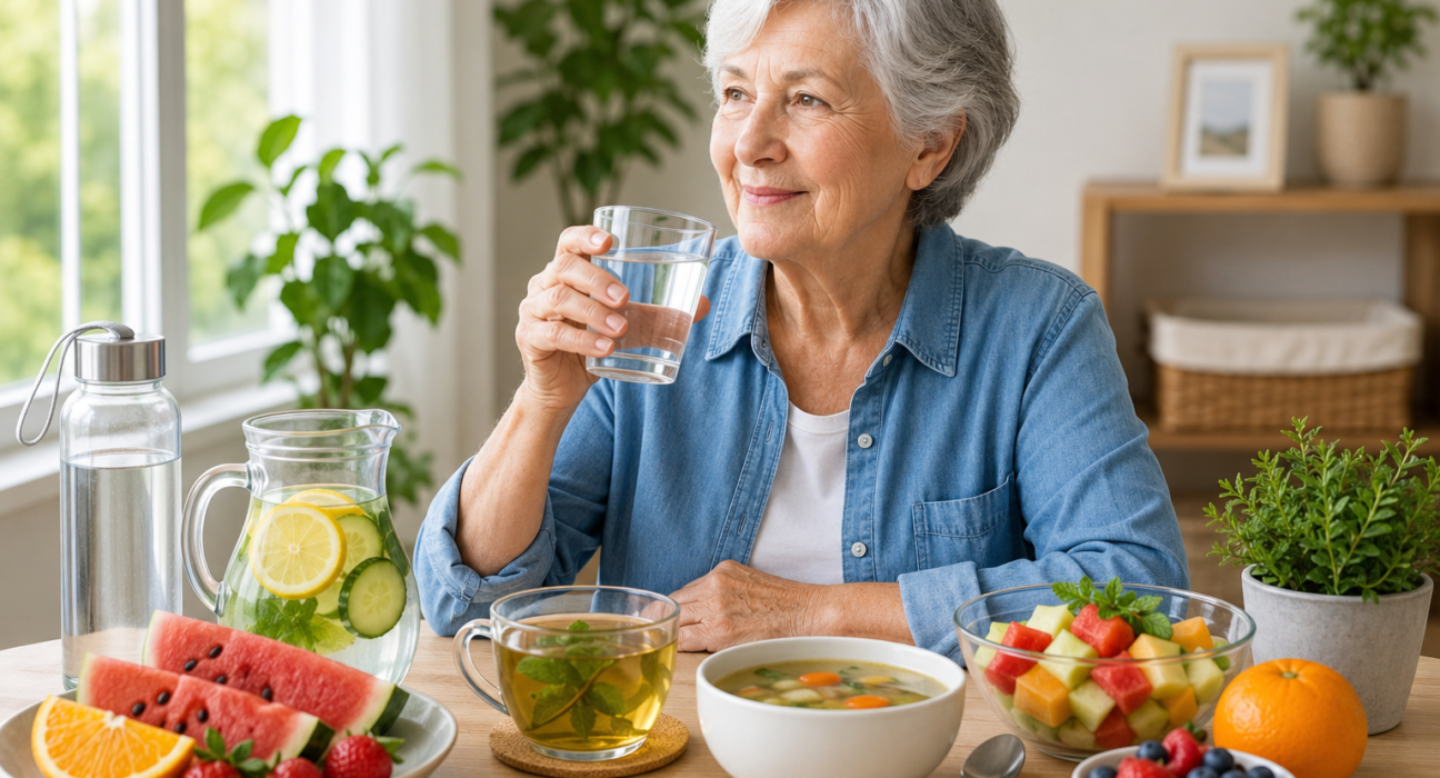 Hydration tips for seniors with water, herbal tea, fruits, and soup to support healthy aging and daily wellness.