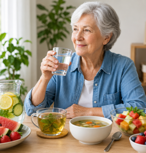 Hydration tips for seniors with water, herbal tea, fruits, and soup to support healthy aging and daily wellness.