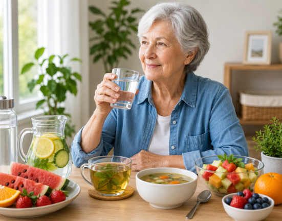 Hydration tips for seniors with water, herbal tea, fruits, and soup to support healthy aging and daily wellness.