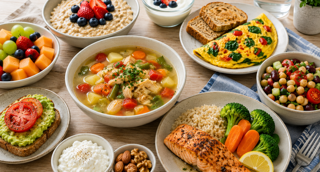 Easy meal ideas for seniors with oatmeal, soup, eggs, salmon, yogurt, fruit, and vegetables for healthy eating at home.