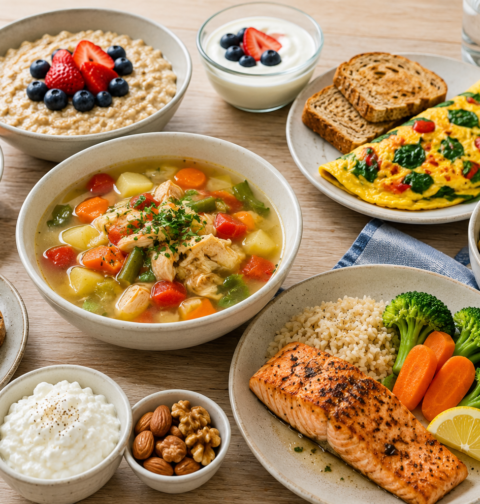 Easy meal ideas for seniors with oatmeal, soup, eggs, salmon, yogurt, fruit, and vegetables for healthy eating at home.