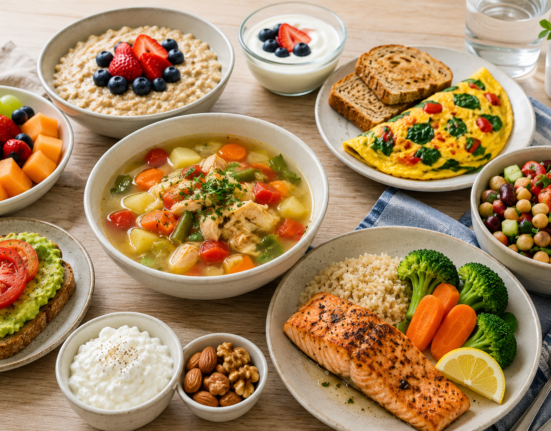 Easy meal ideas for seniors with oatmeal, soup, eggs, salmon, yogurt, fruit, and vegetables for healthy eating at home.