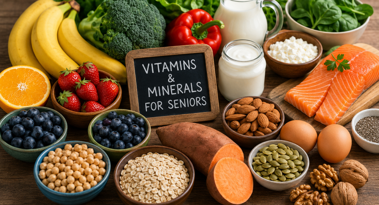 Foods rich in vitamins and minerals for seniors including fruits, vegetables, salmon, dairy, nuts, seeds, and whole grains.