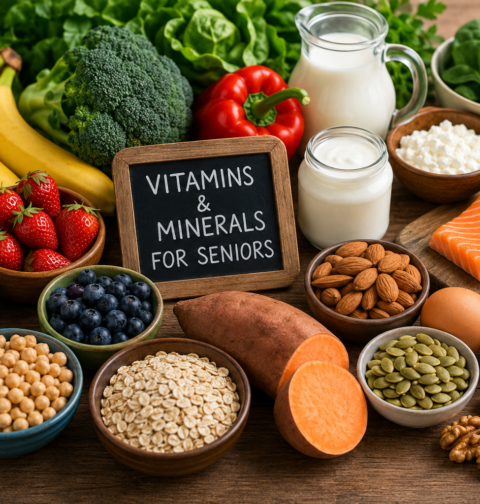 Foods rich in vitamins and minerals for seniors including fruits, vegetables, salmon, dairy, nuts, seeds, and whole grains.