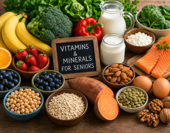 Foods rich in vitamins and minerals for seniors including fruits, vegetables, salmon, dairy, nuts, seeds, and whole grains.
