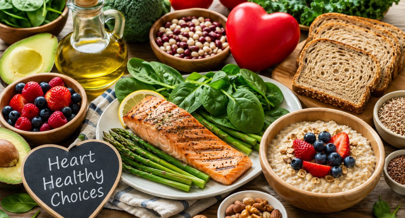 Heart healthy diet for seniors with salmon, oatmeal, berries, greens, avocado, beans, nuts, olive oil, and whole grains.