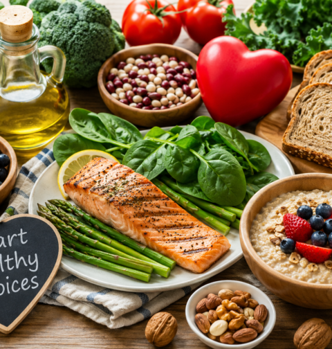 Heart healthy diet for seniors with salmon, oatmeal, berries, greens, avocado, beans, nuts, olive oil, and whole grains.