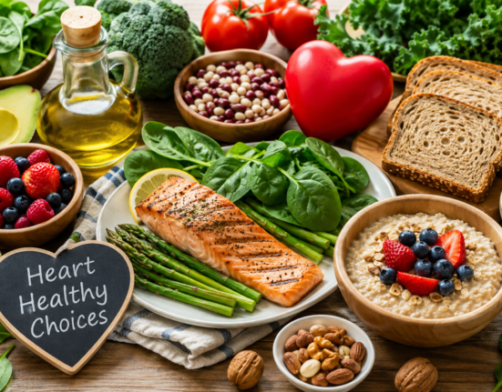 Heart healthy diet for seniors with salmon, oatmeal, berries, greens, avocado, beans, nuts, olive oil, and whole grains.