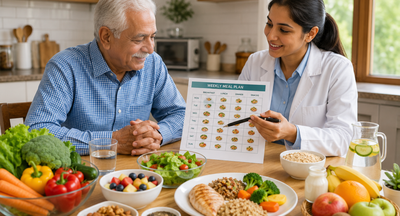 Diet plan for seniors with a dietitian explaining healthy meals, hydration, fruits, vegetables, protein, and whole grains.