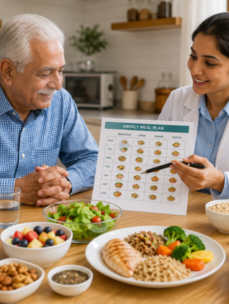 Diet plan for seniors with a dietitian explaining healthy meals, hydration, fruits, vegetables, protein, and whole grains.