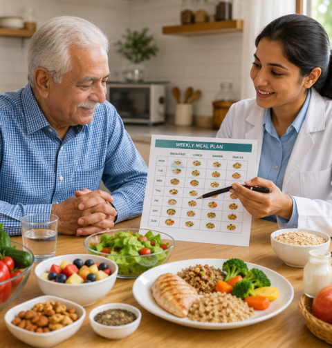 Diet plan for seniors with a dietitian explaining healthy meals, hydration, fruits, vegetables, protein, and whole grains.