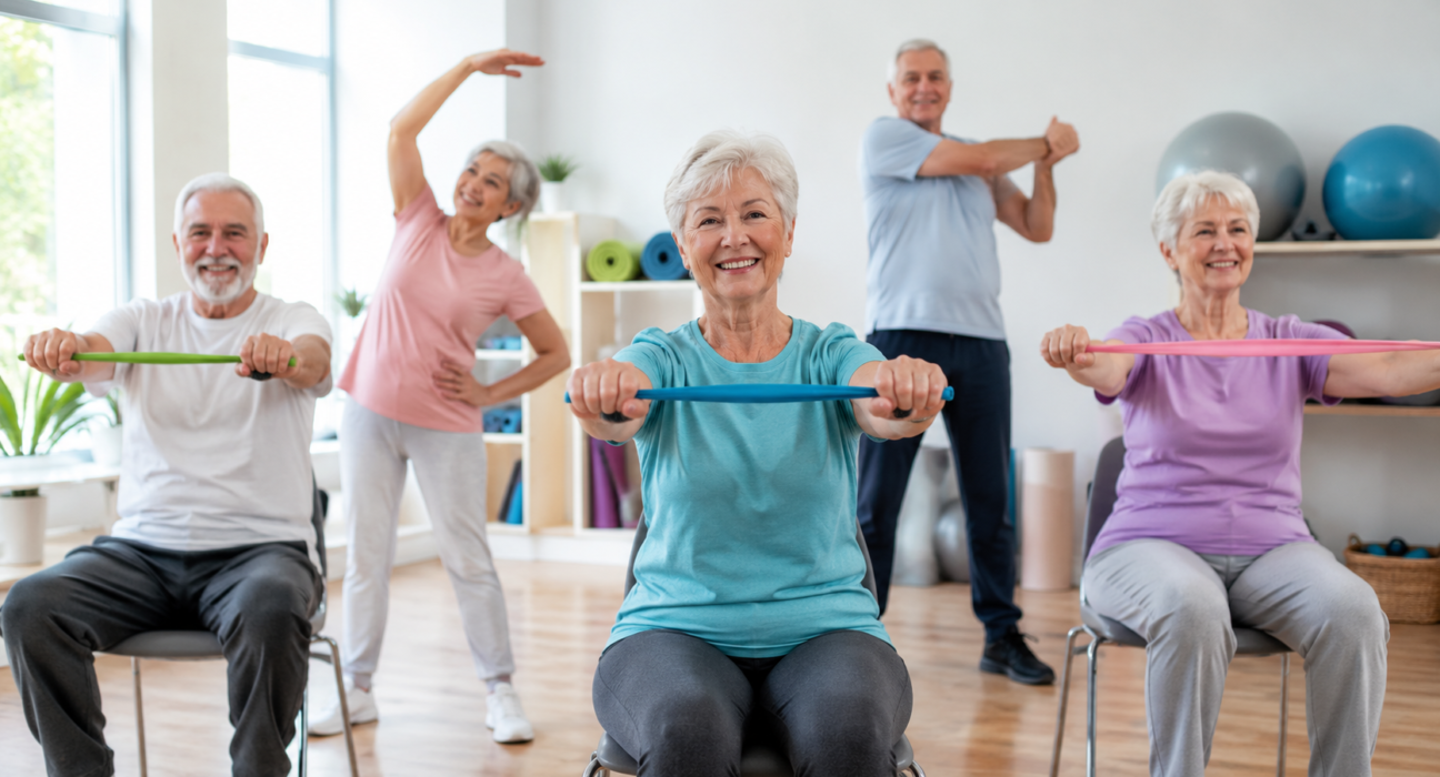 Seniors doing low impact exercises with resistance bands and stretching for better joint health and mobility.
