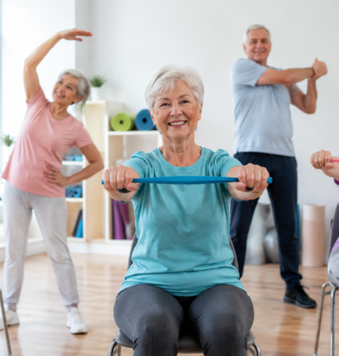 Seniors doing low impact exercises with resistance bands and stretching for better joint health and mobility.