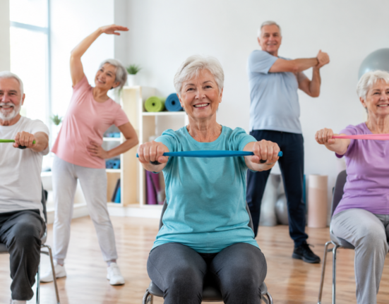 Seniors doing low impact exercises with resistance bands and stretching for better joint health and mobility.