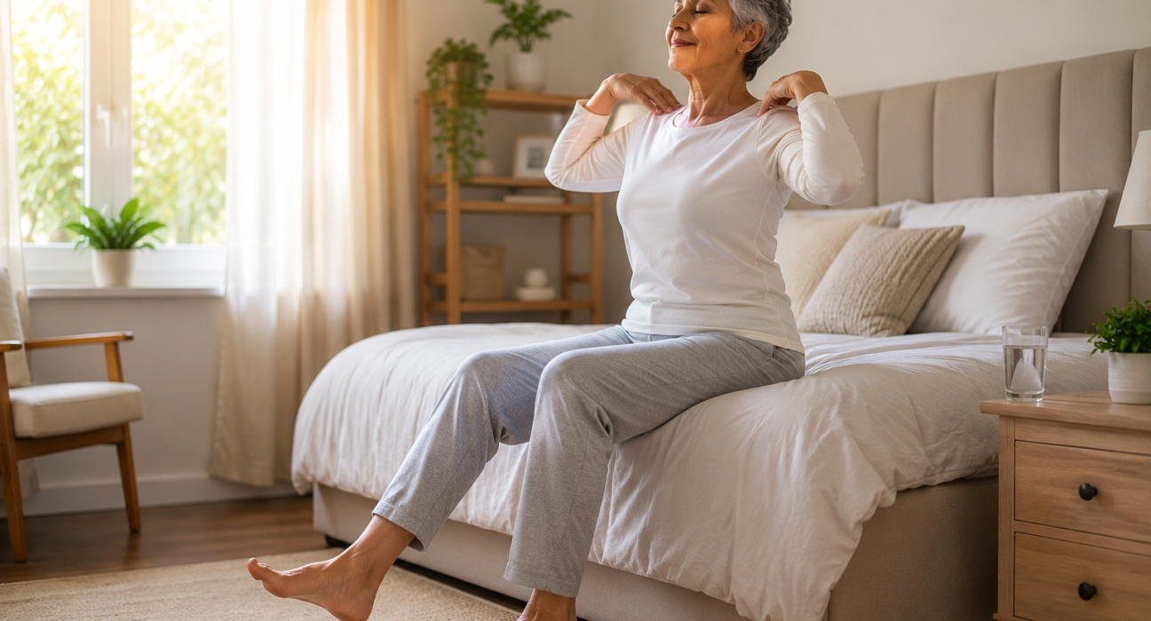 Morning exercise for seniors sitting on bed doing gentle stretches for mobility, energy, and healthy aging.