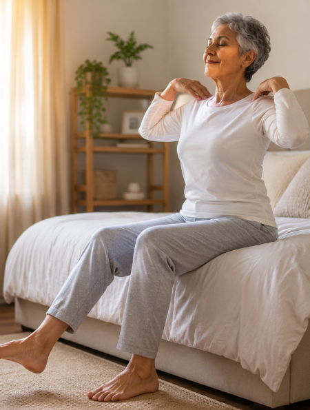 Morning exercise for seniors sitting on bed doing gentle stretches for mobility, energy, and healthy aging.