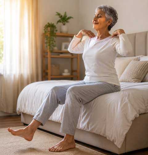 Morning exercise for seniors sitting on bed doing gentle stretches for mobility, energy, and healthy aging.