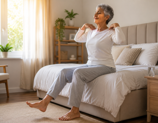 Morning exercise for seniors sitting on bed doing gentle stretches for mobility, energy, and healthy aging.