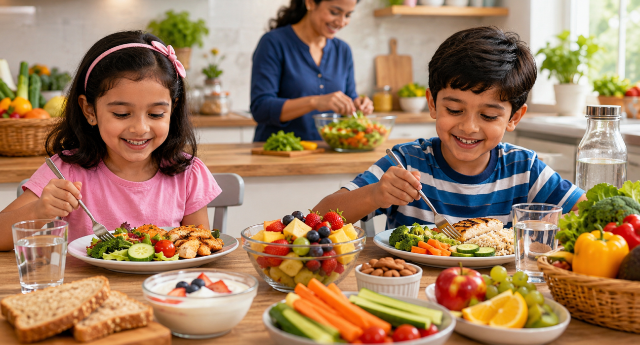 Healthy eating for children with fruits, vegetables, whole grains, protein foods, and water for daily nutrition.