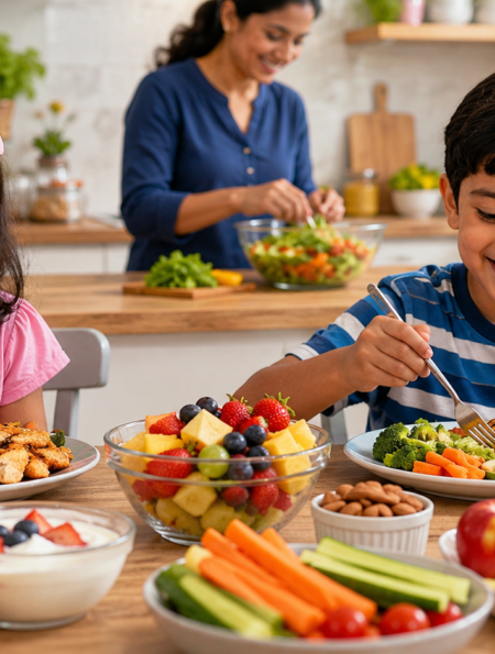Healthy eating for children with fruits, vegetables, whole grains, protein foods, and water for daily nutrition.