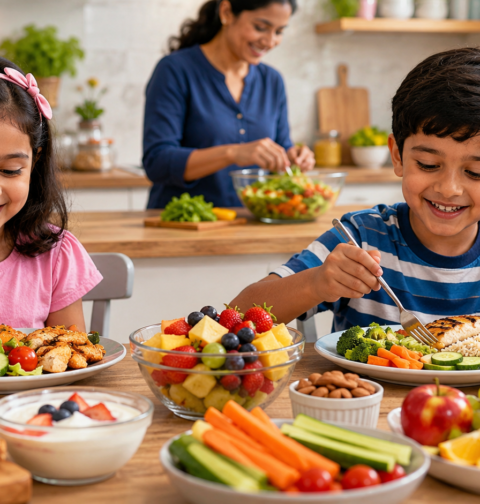 Healthy eating for children with fruits, vegetables, whole grains, protein foods, and water for daily nutrition.