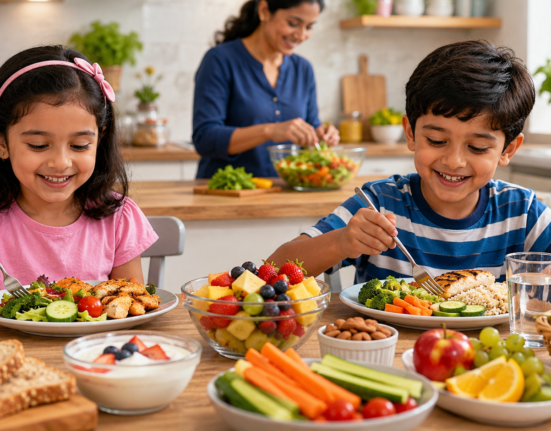 Healthy eating for children with fruits, vegetables, whole grains, protein foods, and water for daily nutrition.
