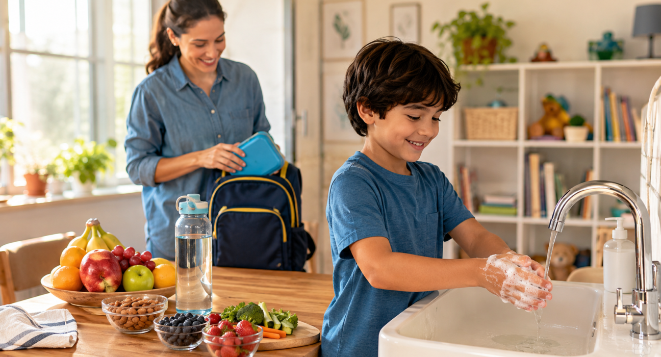 Immunity boosting habits for kids including hand washing, healthy food, hydration, school routine, and daily wellness.