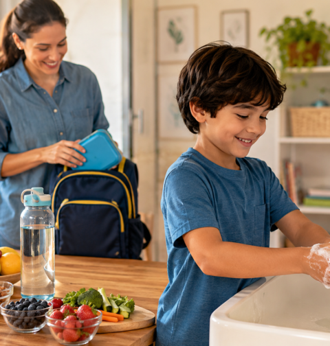Immunity boosting habits for kids including hand washing, healthy food, hydration, school routine, and daily wellness.